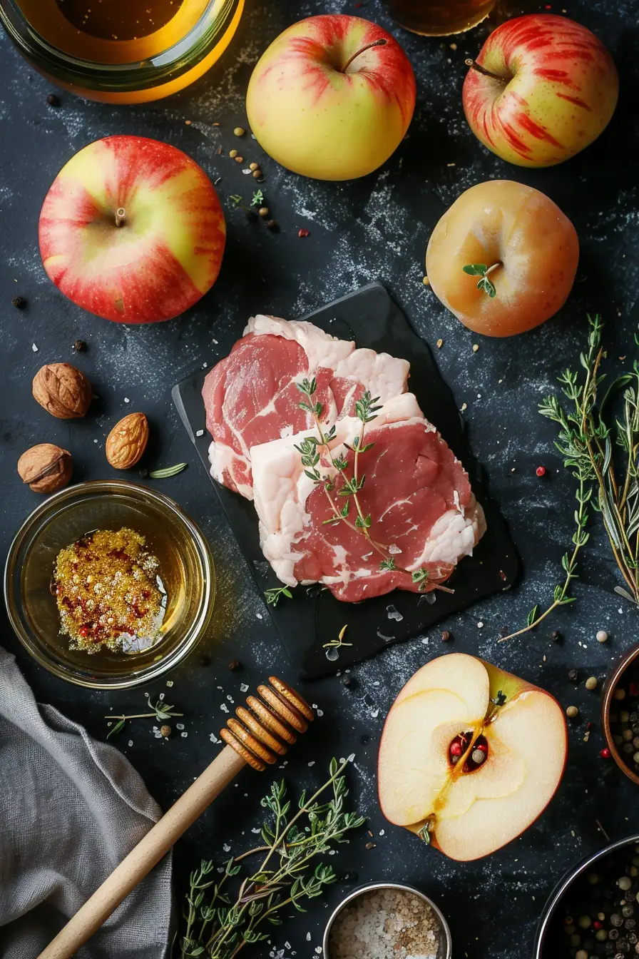 Porc caramélisé au miel et moutarde, pommes rôties au thym