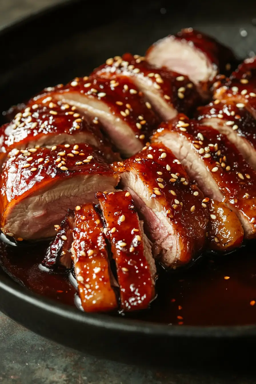Canard laqué au miel et gingembre, éclats de sésame croquant