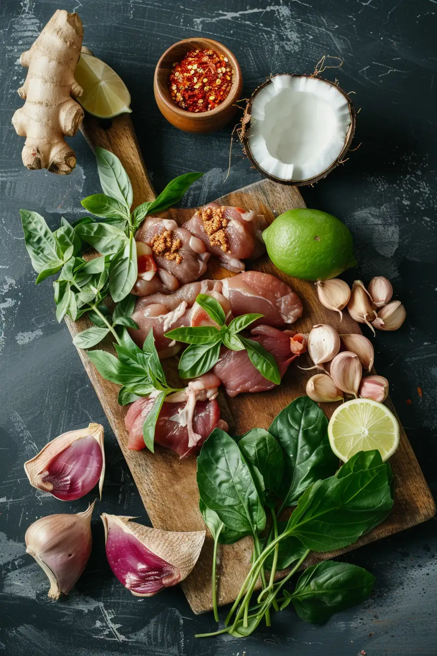 Canard exotique au lait de coco et curry rouge, parfumé au basilic thaï et citron vert