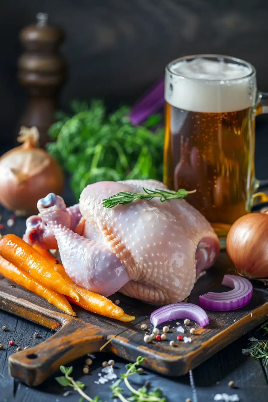 Poulet mijoté à la bière brune et aux légumes du jardin