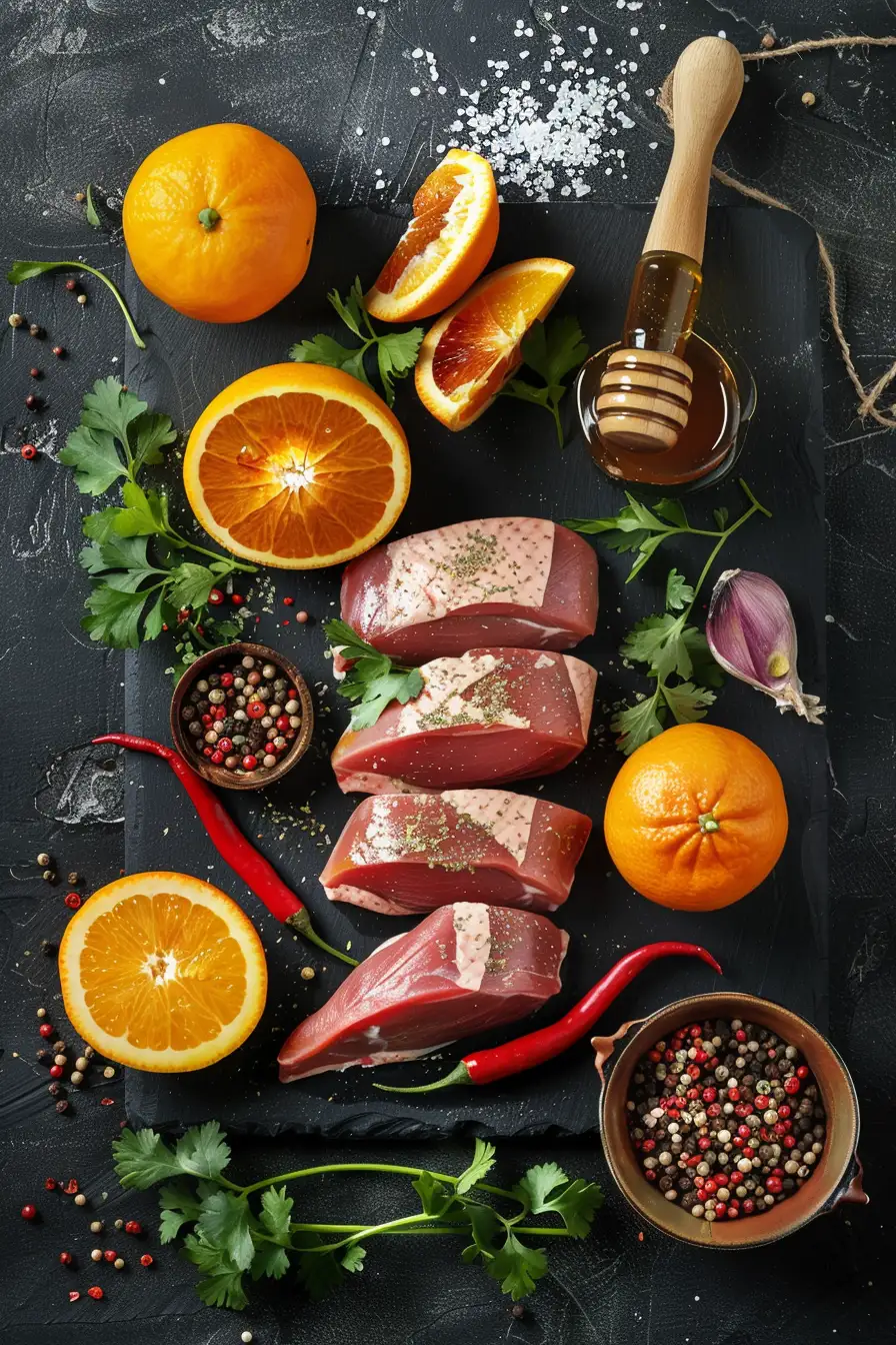 Canard rôti à l'orange et au miel, relevé de piment et de coriandre