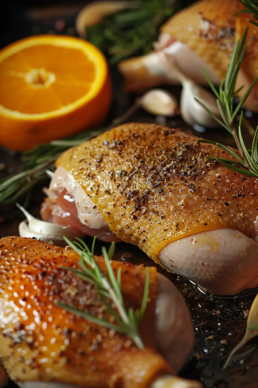 Canard rôti à l'orange et au cumin, douceur d'ail et miel