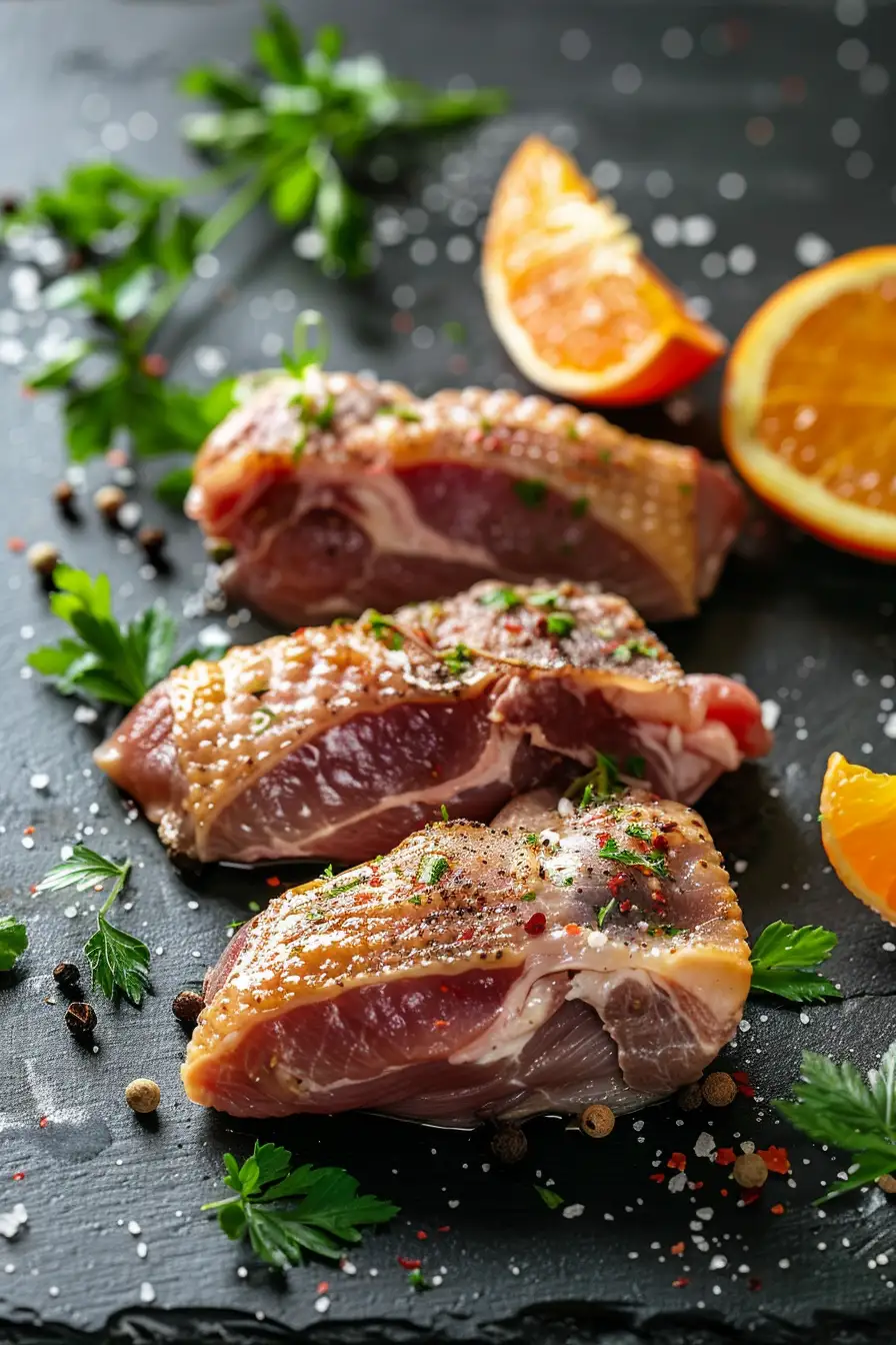 Canard rôti au miel et aux épices, parfumé à l'orange et à la coriandre