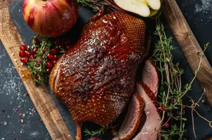 Canard rôti au sirop d'érable et moutarde de Dijon, parfumé au thym et accompagné de pommes