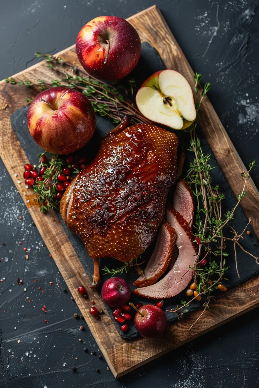 Canard rôti au sirop d'érable et moutarde de Dijon, parfumé au thym et accompagné de pommes