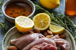 Canard rôti au miel et cumin, éclats d'amandes et zeste de citron