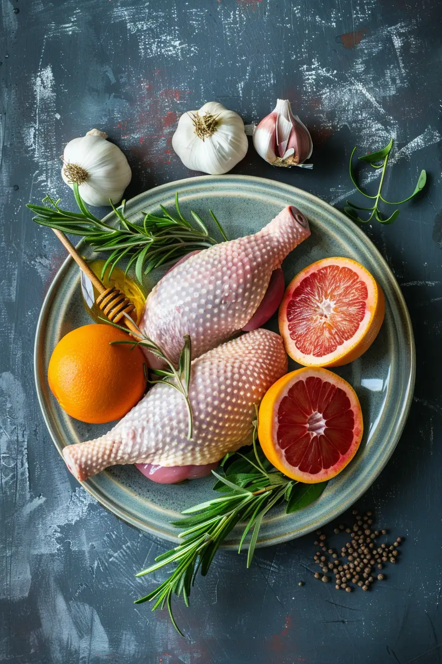 Canard rôti à l'orange et au miel, parfumé à l'ail et au cumin