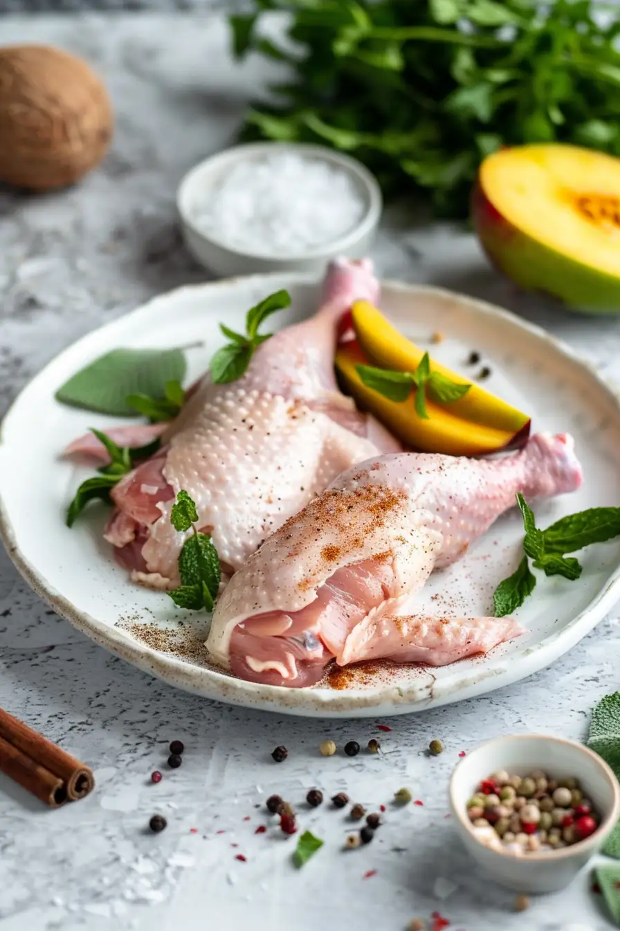 Canard aux épices bangladaises et mangue crémeuse au lait de coco
