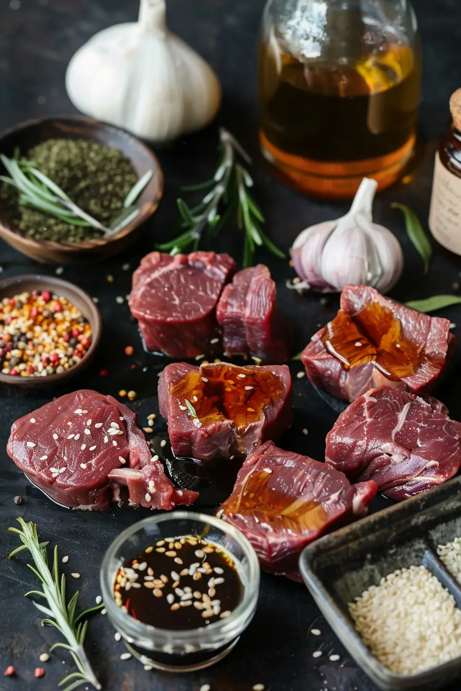 Cerf mariné au miel et à la sauce soja, parfumé à l'ail et au sésame