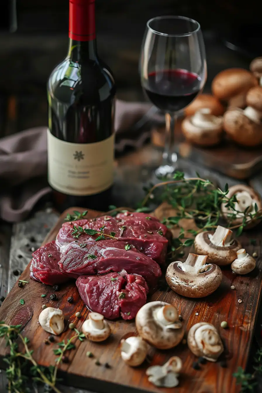 Cerf mijoté au vin rouge et champignons parfumés