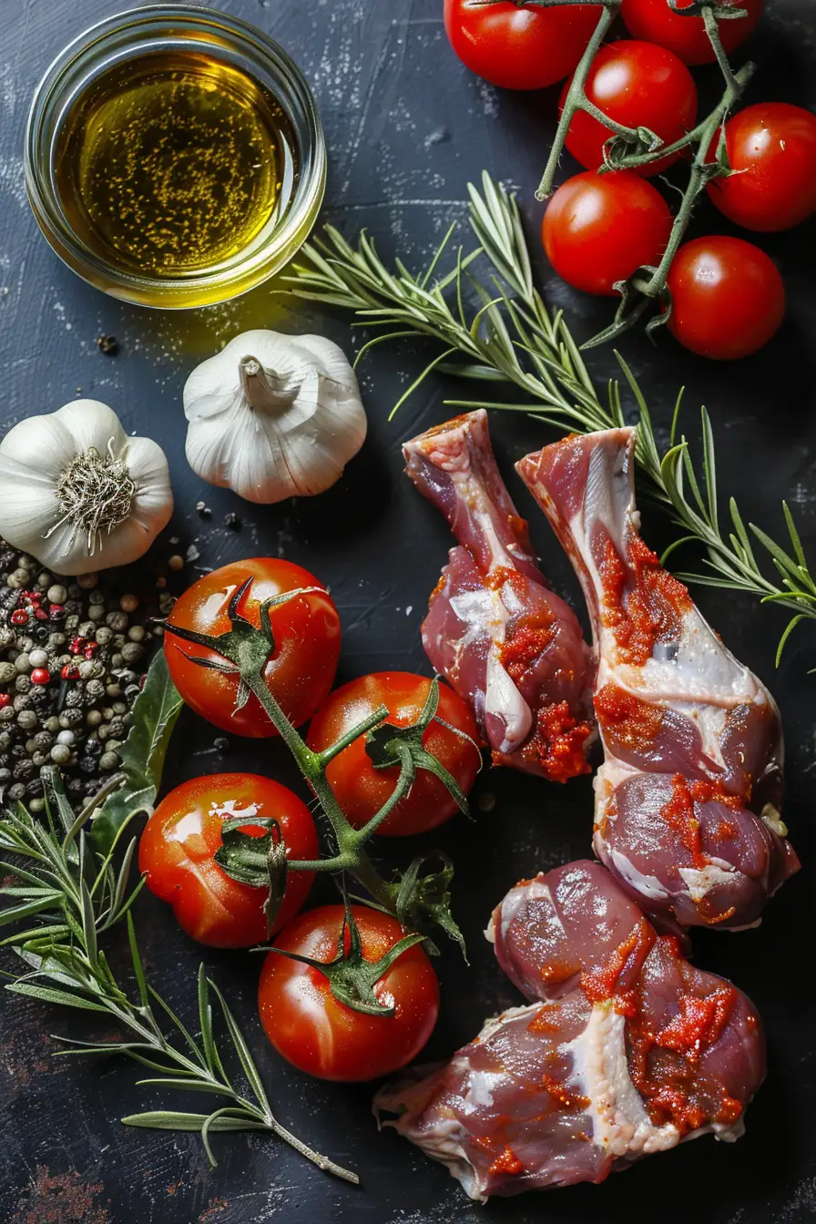 Lapin épicé à la harissa, ail et tomates confites à l'huile d'olive