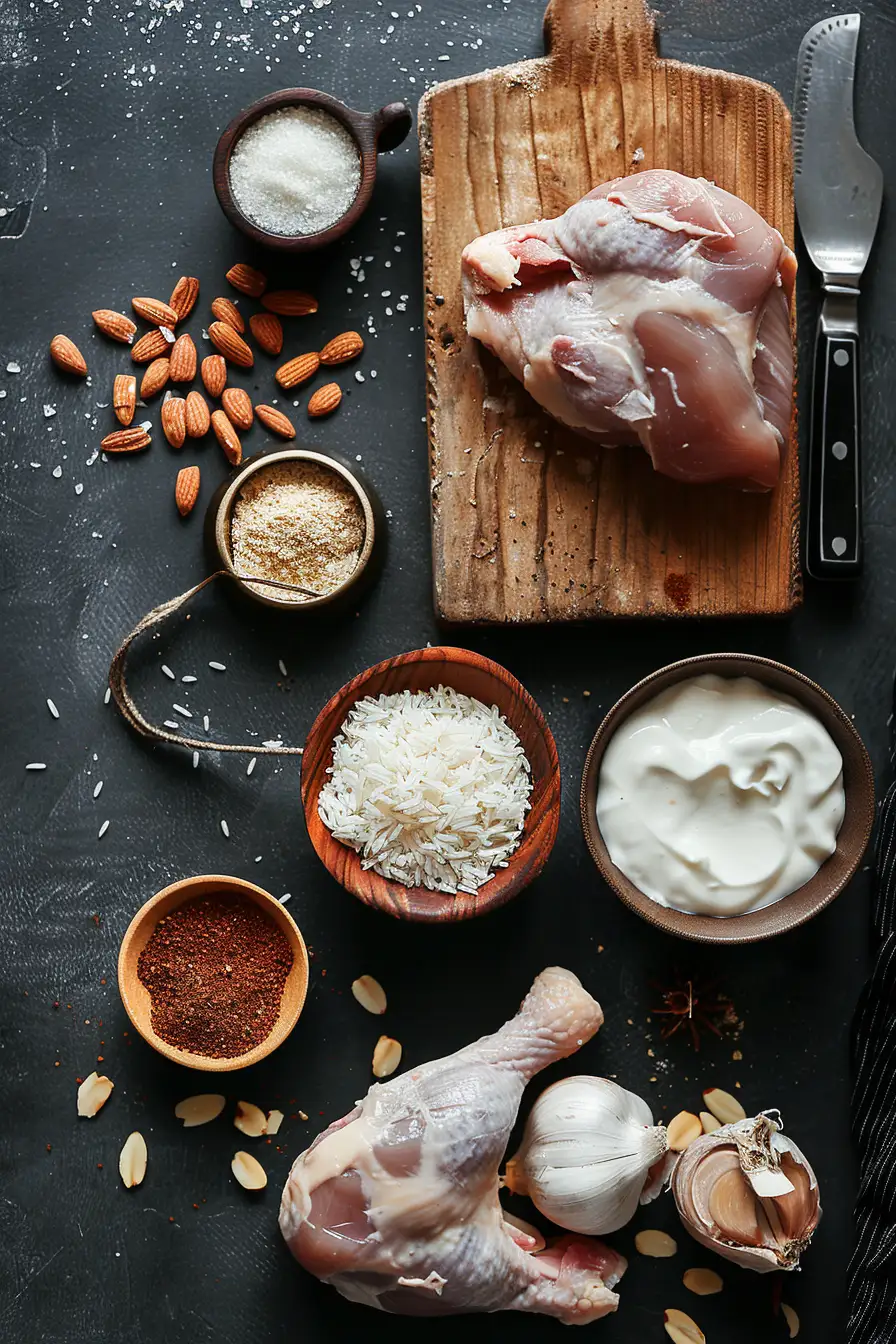 Lapin gourmand aux épices baharat, riz basmati et yaourt grec parsemé d'amandes effilées