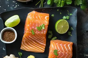 Saumon mariné à la sauce soja, gingembre frais et citron vert, parsemé de coriandre