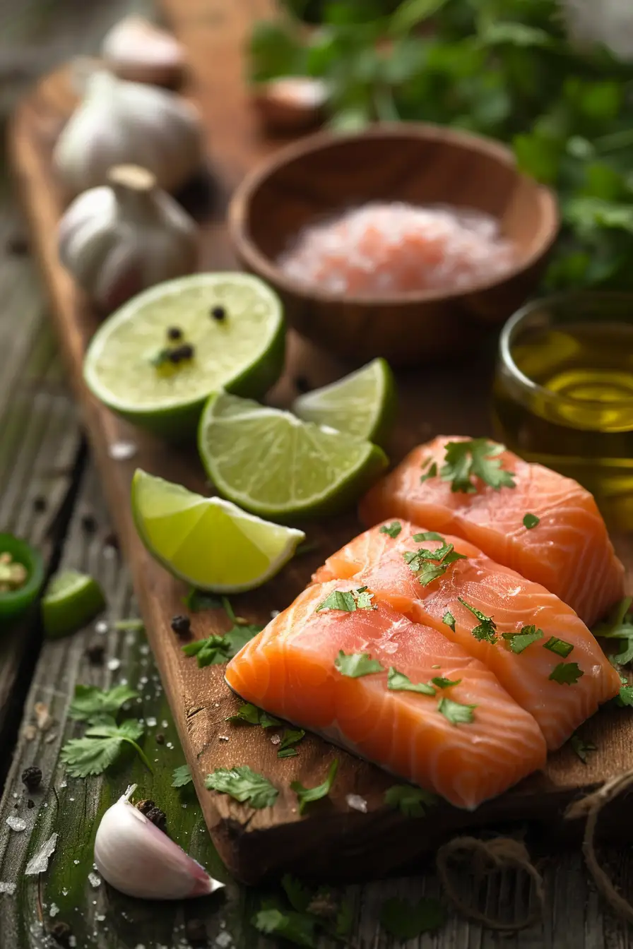 Saumon mariné au citron vert, coriandre et ail, grillé à l'huile d'olive