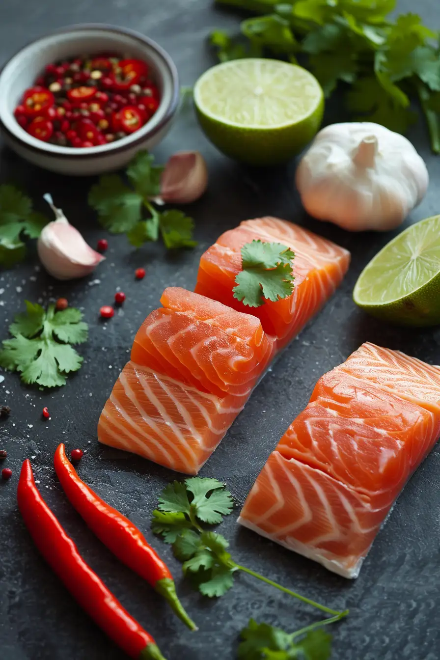 Saumon mariné au citron vert, ail et coriandre avec une touche de piment rouge