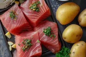 Délice de thon aux pommes de terre et chou à la moutarde