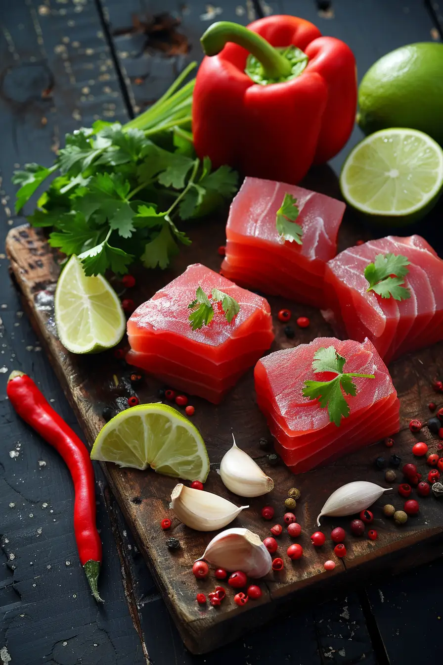 Délice de thon au citron vert et poivron rouge, parfumé à la coriandre et à l'ail