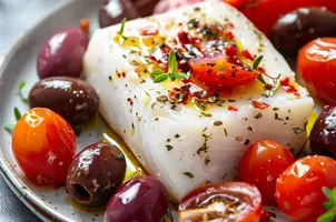 Morue aux tomates cerises, olives Kalamata et feta à l'origan