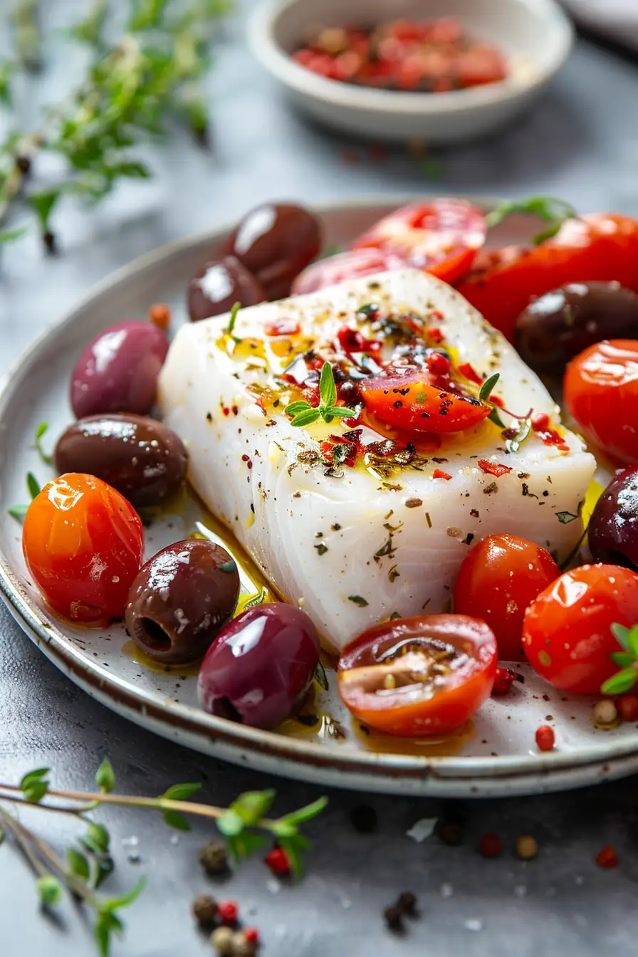 Morue aux tomates cerises, olives Kalamata et feta à l'origan