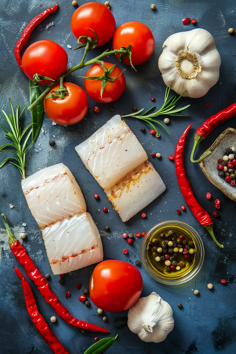 Délice de morue aux tomates et poivrons rouges à l'ail et huile d'olive