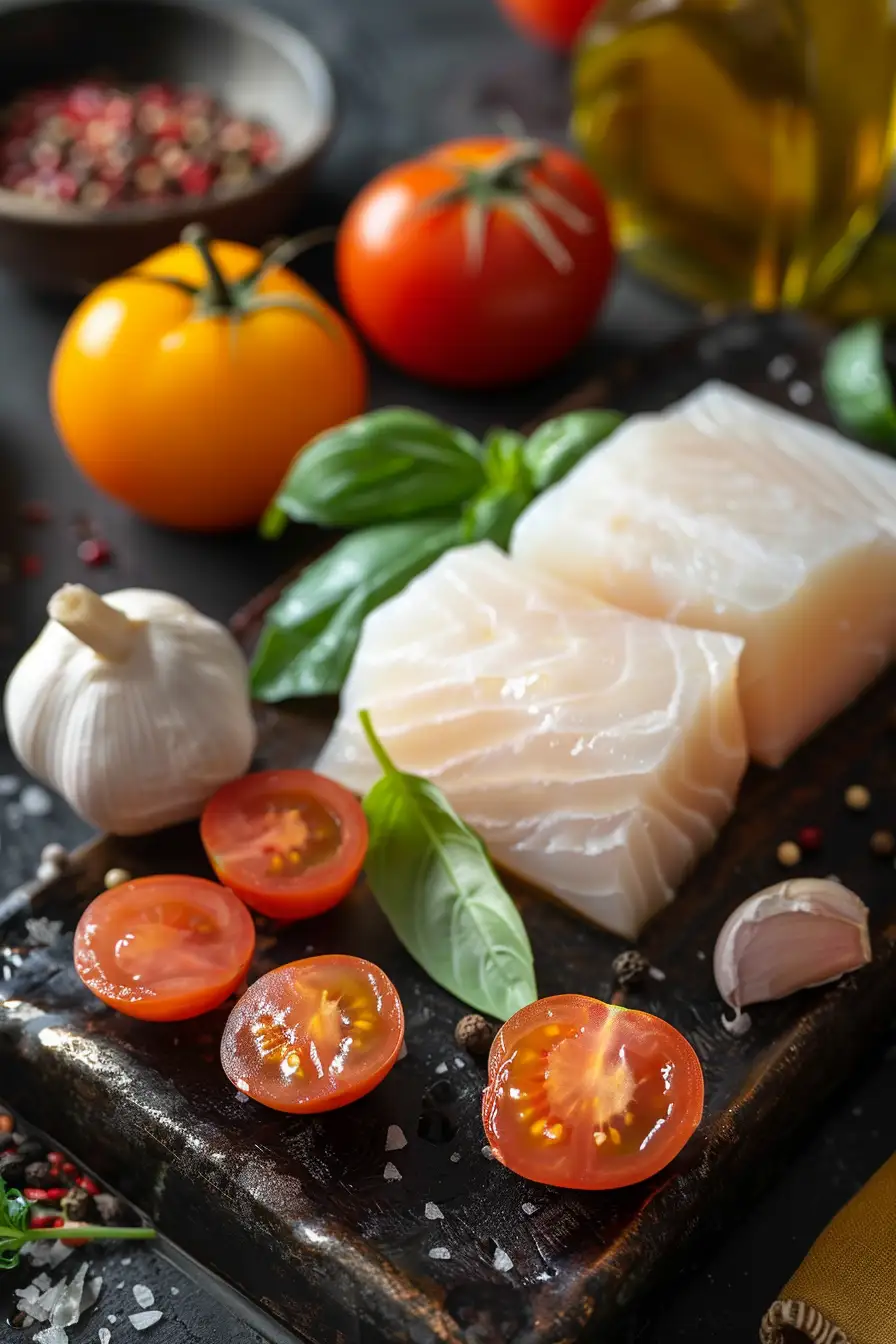 Délice de morue aux tomates et poivrons à l'ail et huile d'olive
