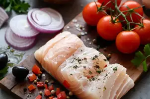 Délice de morue aux tomates, oignons et olives noires parfumé à la coriandre
