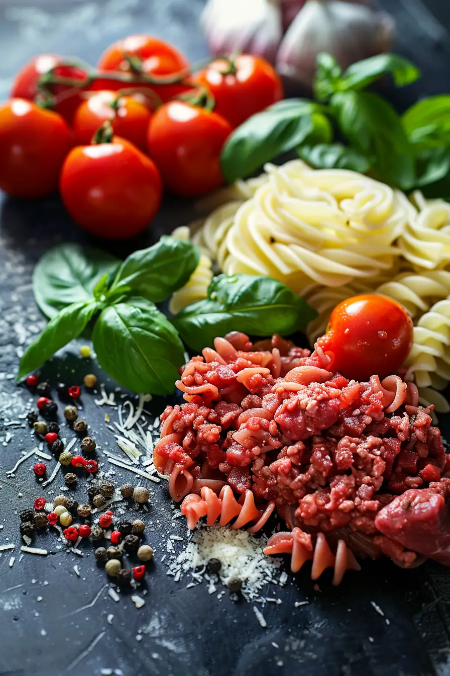 Pâtes savoureuses au bœuf haché et tomates parfumées au basilic