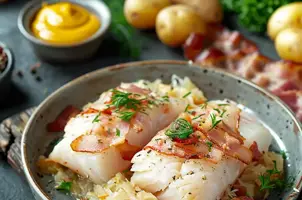 Morue à la choucroute, pommes de terre et lardons à la moutarde