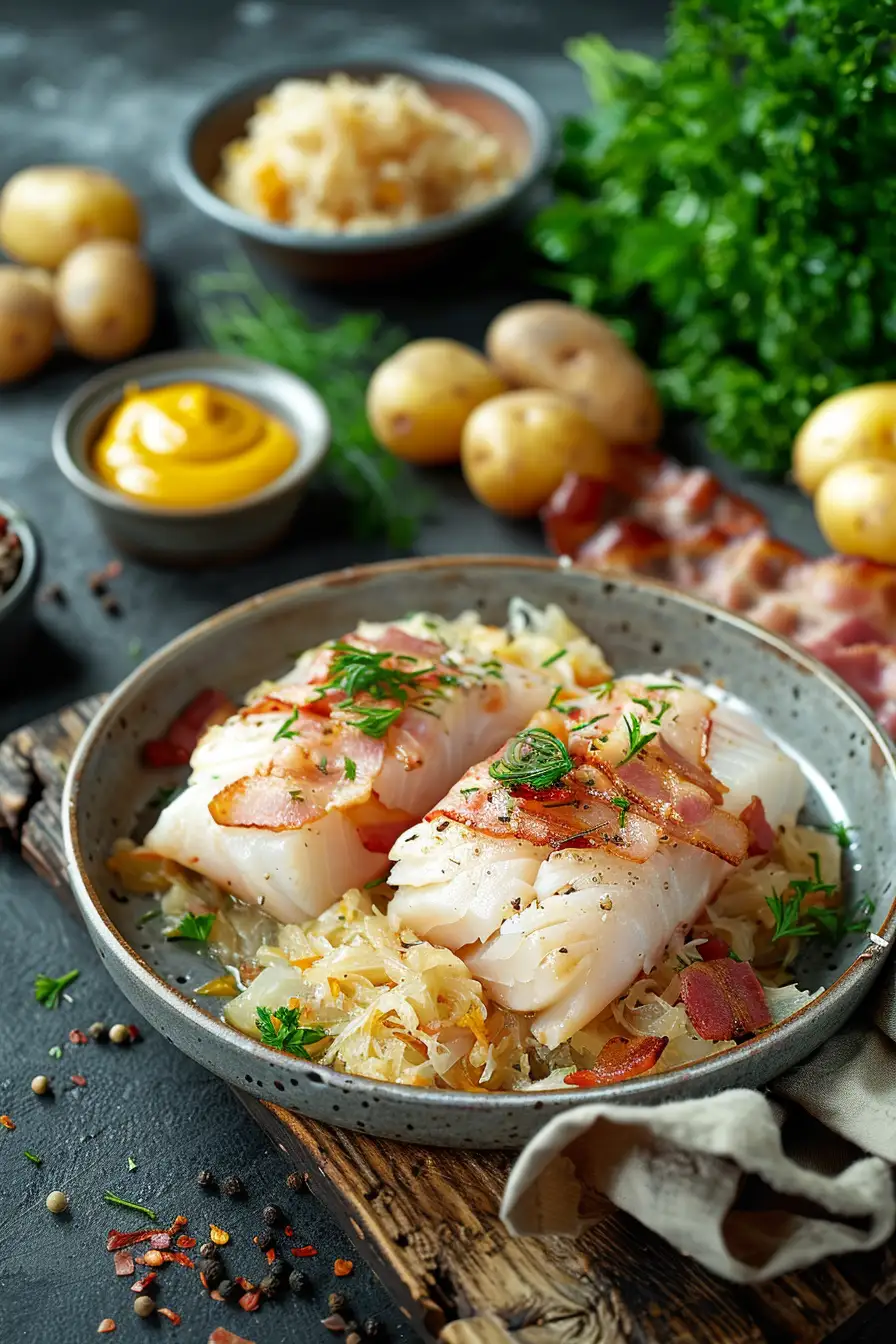 Morue à la choucroute, pommes de terre et lardons à la moutarde