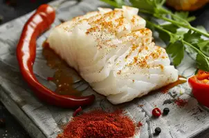 Délice de morue à la sauce barbecue et épices cajun, accompagné de maïs et poivron rouge