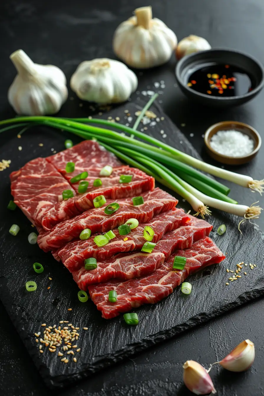 Bœuf mariné au gingembre et à la sauce soja, parfumé aux oignons verts