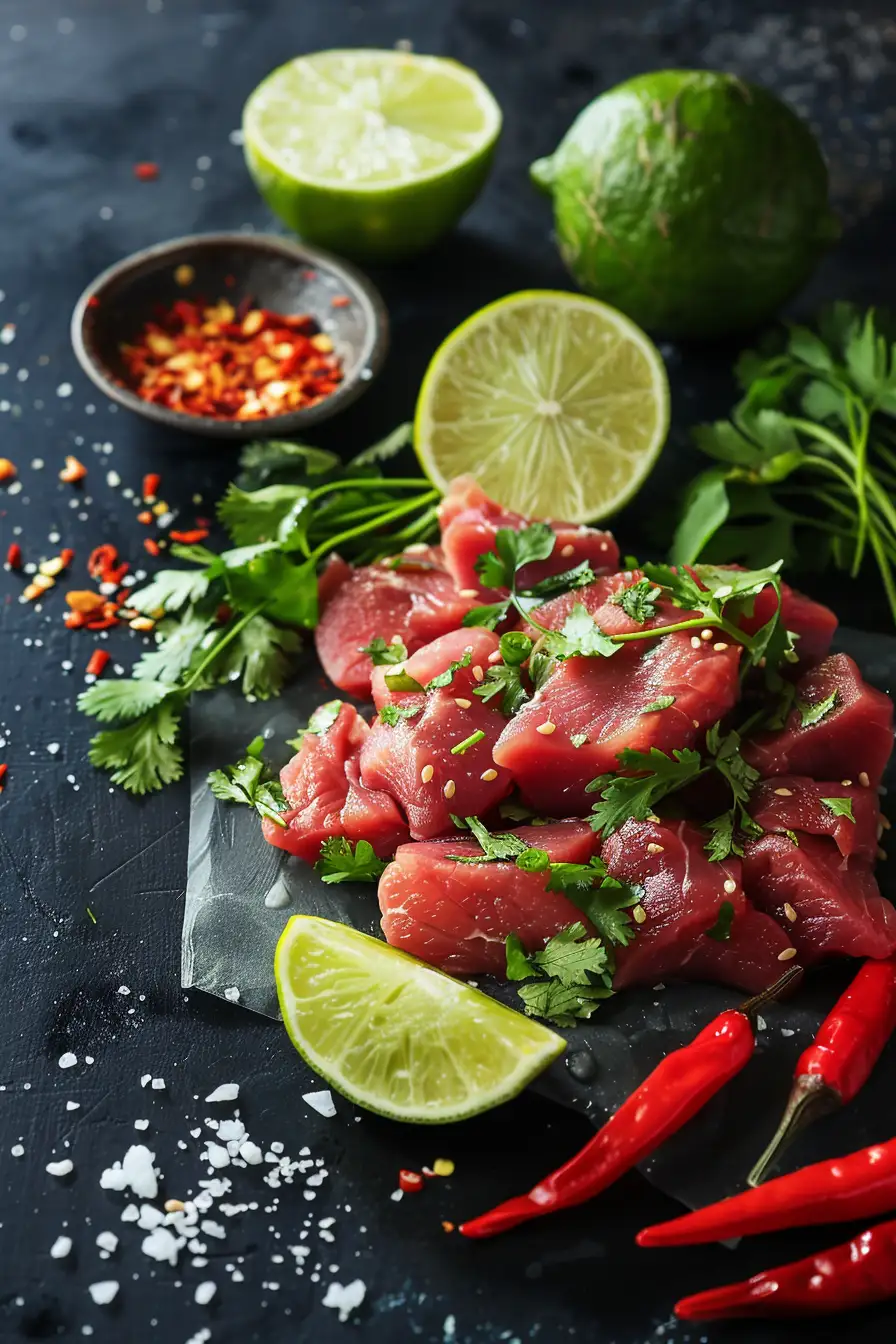 Bœuf mariné au soja et citron vert, éclats de coriandre et piment
