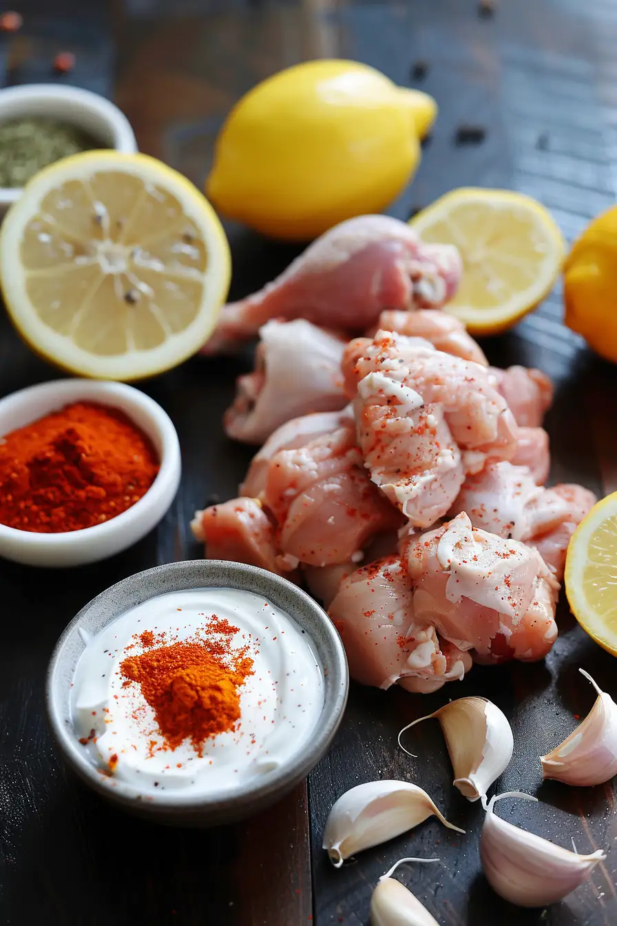 Poulet mariné au yaourt et paprika, éclats d'ail et zeste de citron